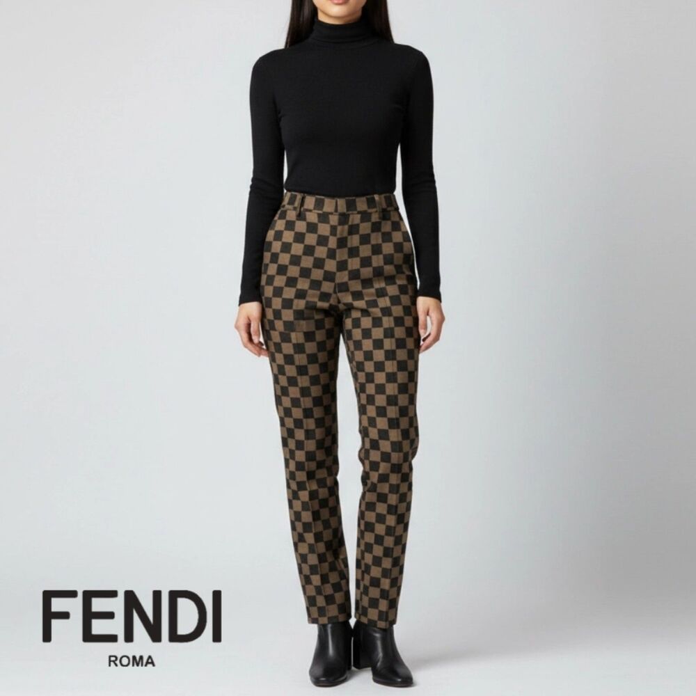 Fendi Roma FF Check Slim Pants Brown Vintage Y2K Fits Size XS/S or 4 EUC